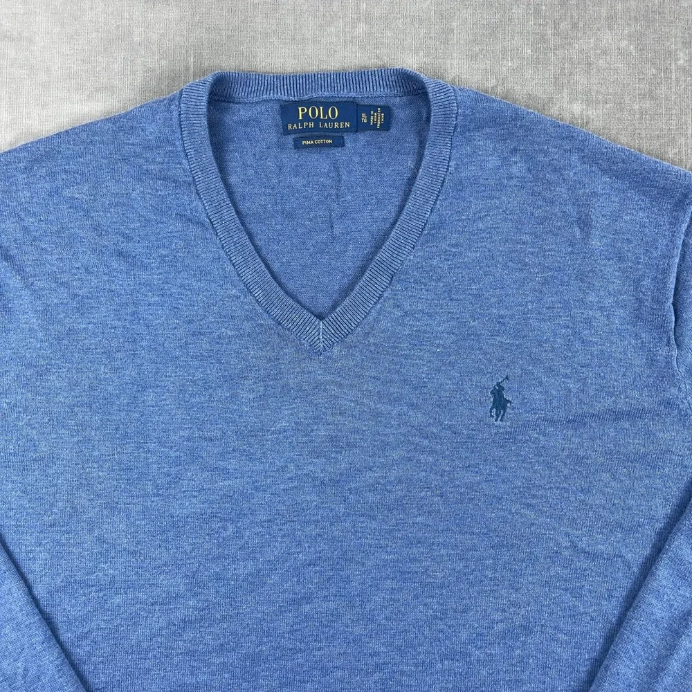 Polo Ralph Lauren Mens XL Blue Pima Cotton V-Neck Sweater Pony Logo